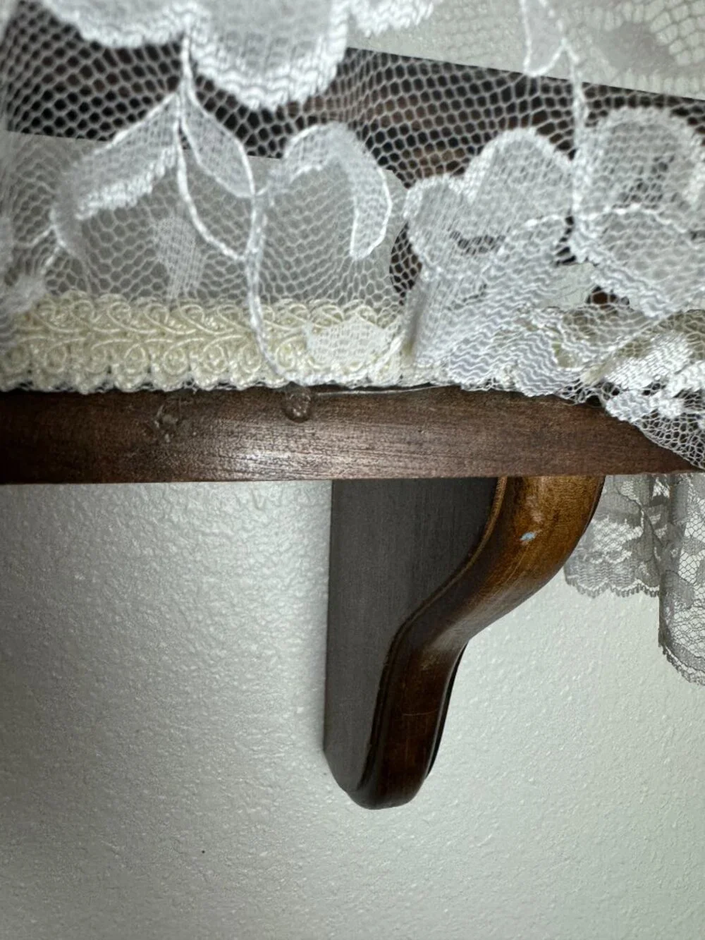 Vintage Farmhouse Wooden Wall Shelf with Lace Trim Cottage Chic Display Shelf